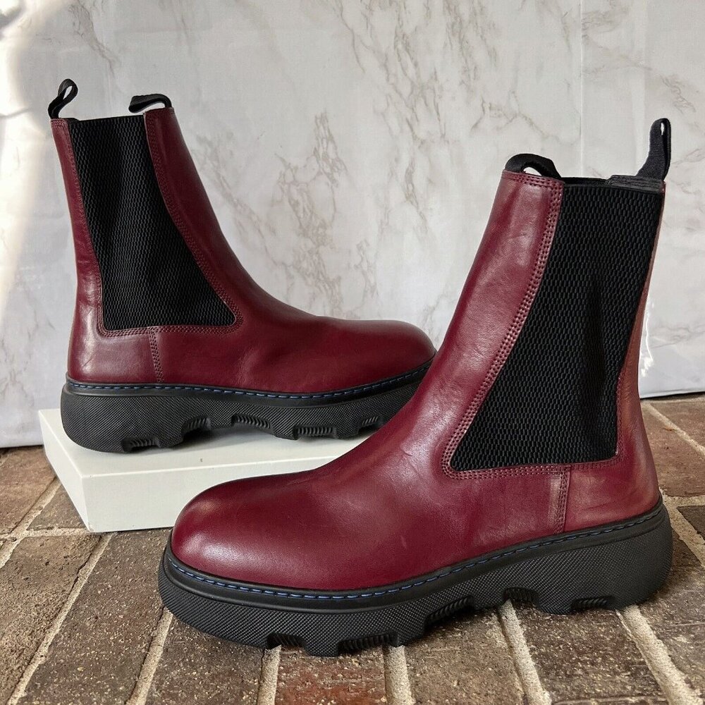 $1290 BURBERRY Gabriel Creeper Pull On Chelsea Boots Plum Leather Men EU 42 US 9 - Picture 2 of 10